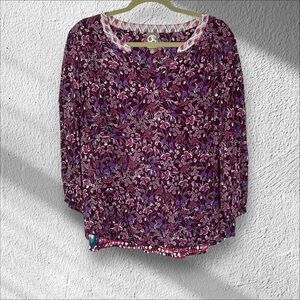 One September Anthropologie Mixed Media Blouse  pleated floral back Large Petite